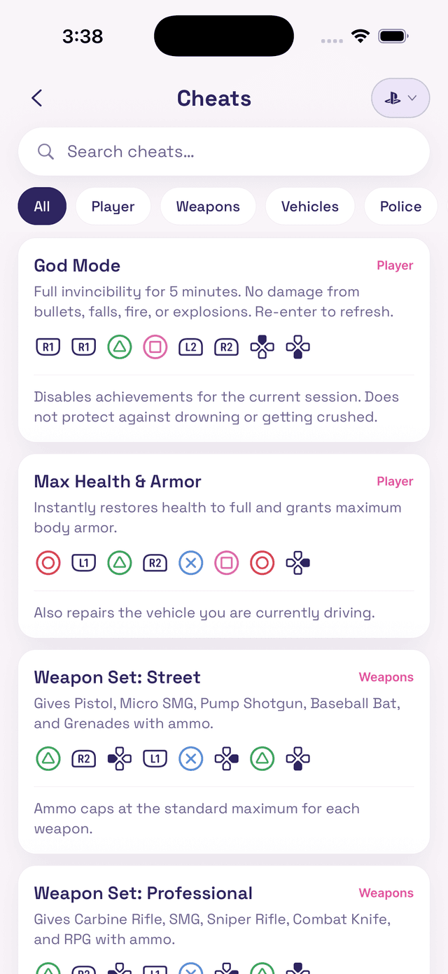 GTA 6 Guide cheats screen with controller button codes